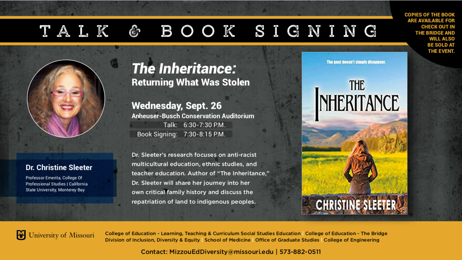 Christine Sleeter event flyer for a lecture and book signing
