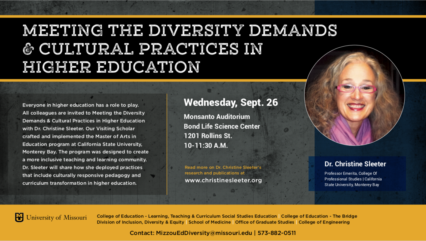 Event flyer for Christine Sleeter event on Diversity Demands and Cultural Practices in Higher Education