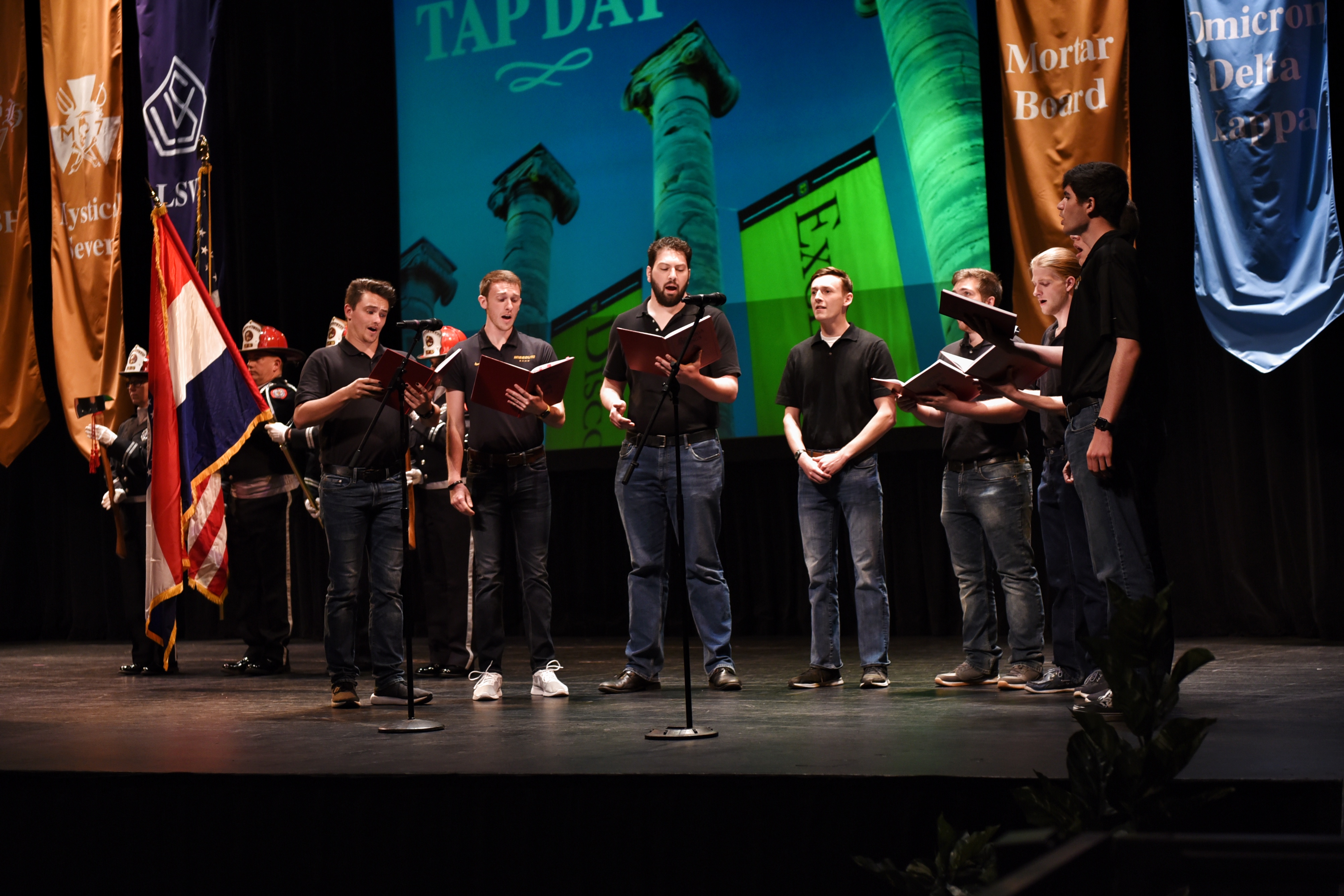 Members of Phi Mu Alpha Sinfonia perform the National Anthem to start Tap Day.