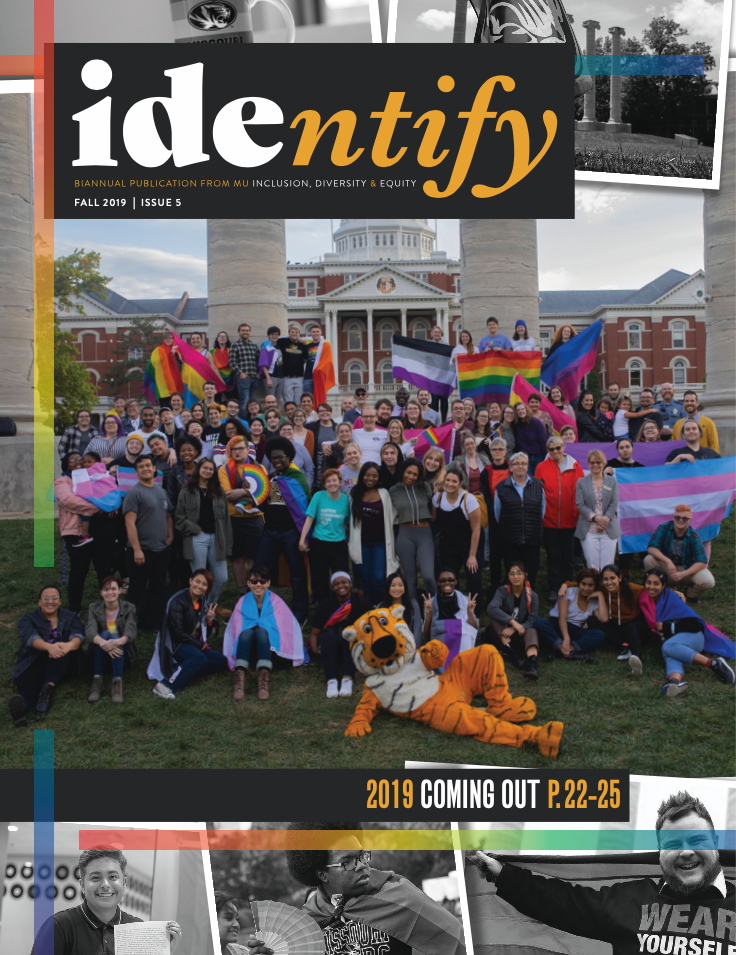 Cover image of IDENTIFY issue 5 with LGBTQ photos and rainbow gradients. 