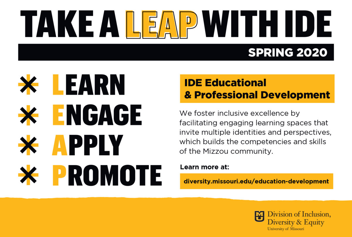Join the Division of Inclusion, Diversity & Equity’s Office of Inclusive Engagement for our free Spring 2020 Educational and Professional Development offerings!