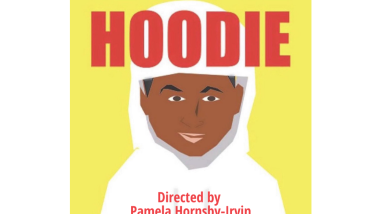 Black male in a white hoodie with the title "HOODIE" in red text. Yellow background.