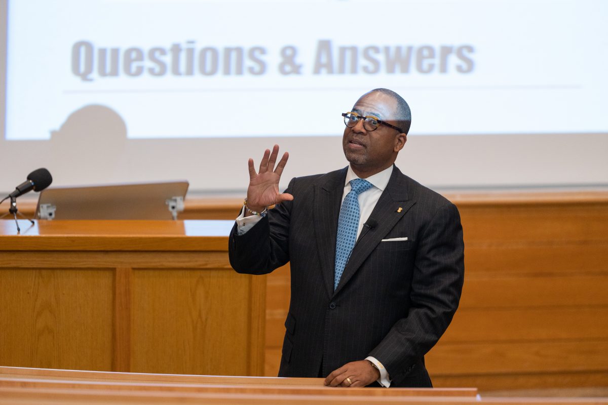 Dr. Jonathan "Jay" Augustine taking questions after lecture: "Making the Case for Diversity: Higher Education, Political Participation, and the Future of Affirmative Action." 