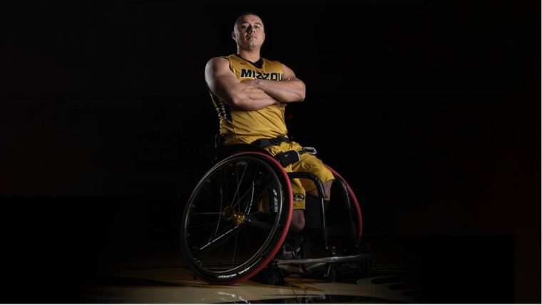 Eric Rodriguez, a Mizzou wheelchair basketball player in uniform on the court.