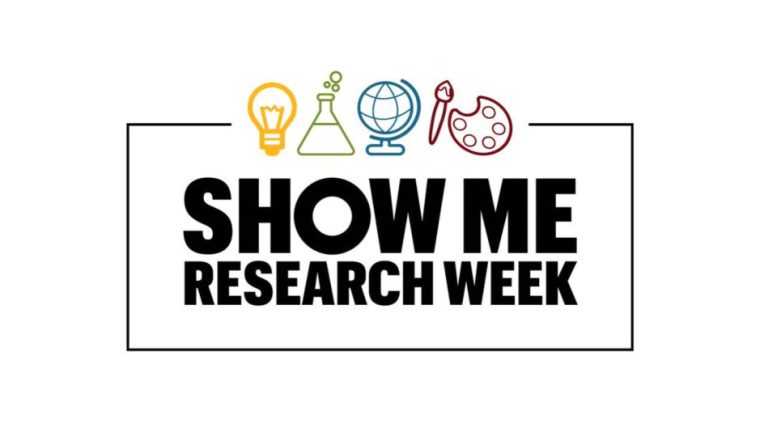 Show Me Research Week in black font on white background with gold lightbulb icon, green beaker icon, blue globe icon and red art palette and paint brush icon